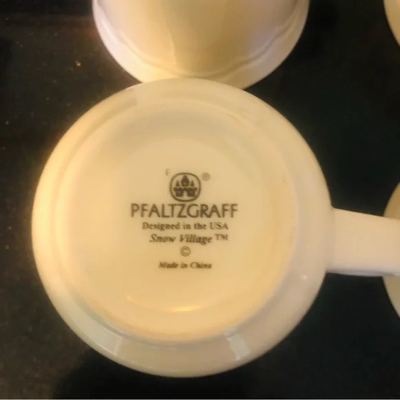 Four Pfaltzgraff Cups Snow Village 10 Oz. Cups Mugs Holiday Angel Barn - Picture 6 of 6
